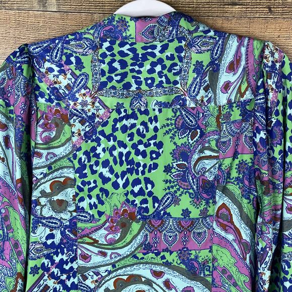 Free People Bianca Printed Blouse Long Sleeve Button Up Jade Combo Size Medium - Picture 8 of 11